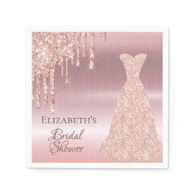 Bridal shower rose gold glitter blush dress name napkins