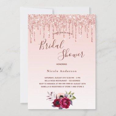 Bridal Shower rose gold glitter blush pink floral Invitations