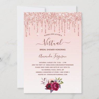 Bridal Shower rose gold glitter floral virtual Invitations