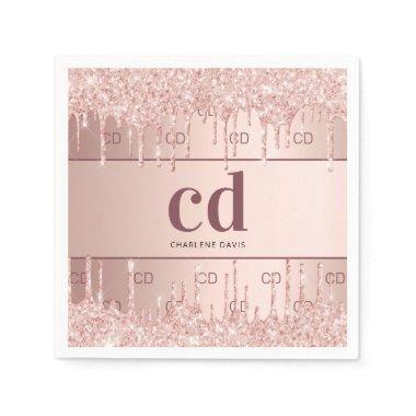 Bridal shower rose gold glitter monogram initials napkins