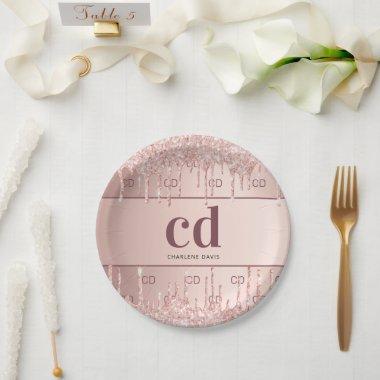 Bridal shower rose gold glitter monogram initials paper plates