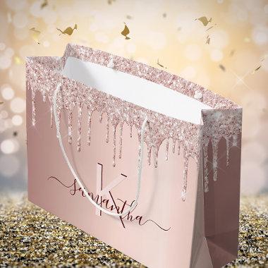 Bridal Shower rose gold glitter pink monogram Large Gift Bag