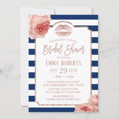 Bridal Shower Rose Gold Lips Floral Navy Stripes Invitations