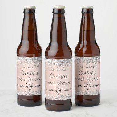 Bridal shower rose gold silver glitter mr mrs beer bottle label