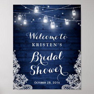 Bridal Shower Rustic Blue Mason Jar Lights Lace Poster