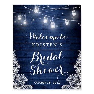 Bridal Shower Rustic Blue Mason Jar Lights Lace Poster