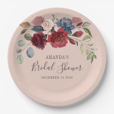 Bridal Shower Rustic Burgundy Floral Custom Paper Plates
