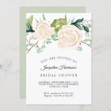 Bridal Shower Rustic Elegant Watercolor Ivory Rose Invitations
