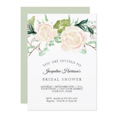 Bridal Shower Rustic Elegant Watercolor Ivory Rose Invitations