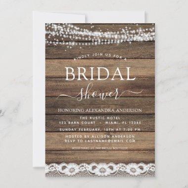 Bridal Shower Rustic Farmhouse String Lights Lace Invitations