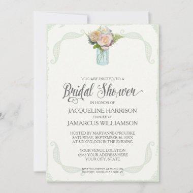 Bridal Shower Rustic Flowers Mason Jar Typography Invitations
