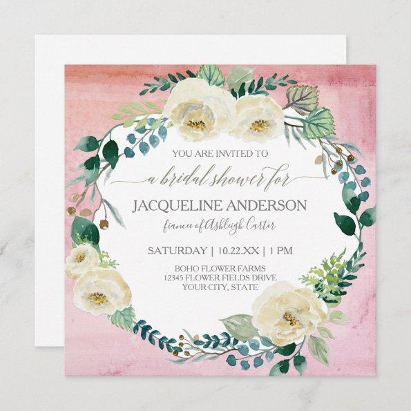 Bridal Shower Rustic Ivory Rose Blush Watercolor Invitations