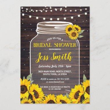 Bridal Shower Rustic Jar Wood Sunflower Fireflies Invitations