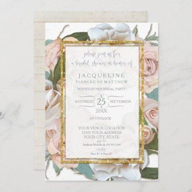 Bridal Shower Rustic Romantic Pink Rose Wreath Invitations