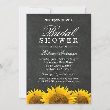 Bridal Shower Rustic Sunflower Black Chalkboard Invitations