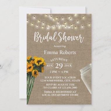 Bridal Shower Rustic Sunflower Mason Jar & String Invitations