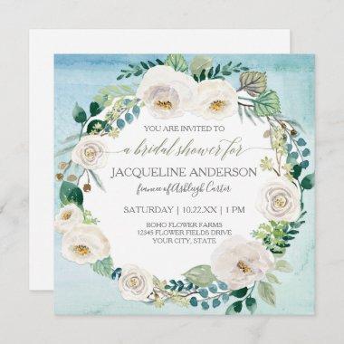 Bridal Shower Rustic White Rose Blue Watercolor Invitations
