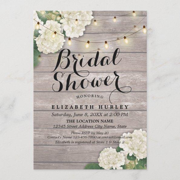 Bridal Shower Rustic Wood Hydrangea Flowers Lights Invitations
