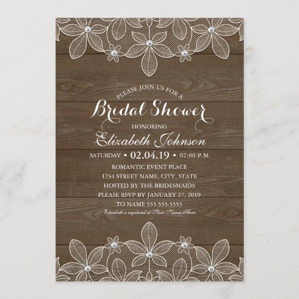 Bridal Shower Rustic Wood Lace Elegant Country Invitations
