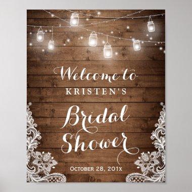 Bridal Shower Rustic Wood Mason Jar Lights Lace Poster