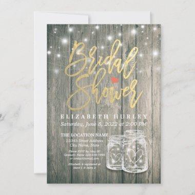 Bridal Shower Rustic Wood Mason Jar String Lights Invitations