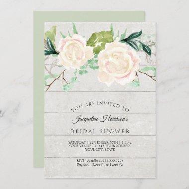 Bridal Shower Rustic Wood Watercolor Ivory Roses Invitations
