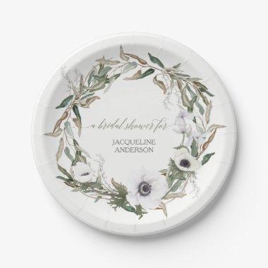 Bridal Shower Rustic Wreath Anemone Olive Leaves Paper Plates