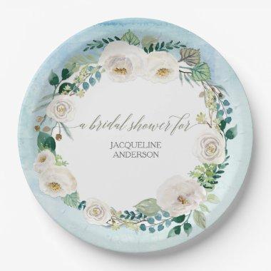 Bridal Shower Rustic Wreath Blue White Roses Paper Plates