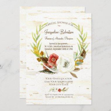 Bridal Shower Rustic Wreath Boho Feather Birch Invitations