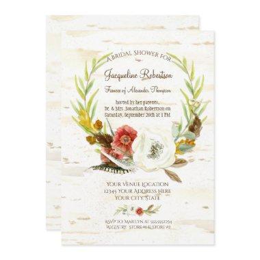 Bridal Shower Rustic Wreath Boho Feather Birch Invitations