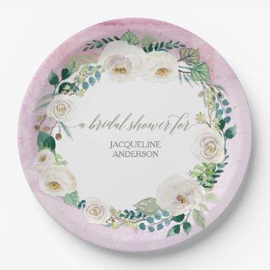 Bridal Shower Rustic Wreath Lavender White Roses Paper Plates