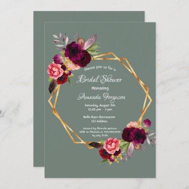 Bridal shower sage green floral geometric burgundy Invitations