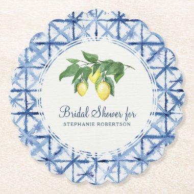 Bridal Shower Shibori Indigo Pattern w Lemon Leaf Paper Coaster