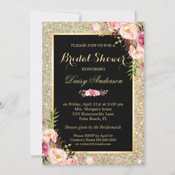 Bridal Shower Shiny Gold Sparkles Floral Invitations