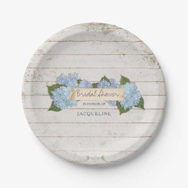 Bridal Shower Shiplap Wood Vintage Blue Hydrangea Paper Plates