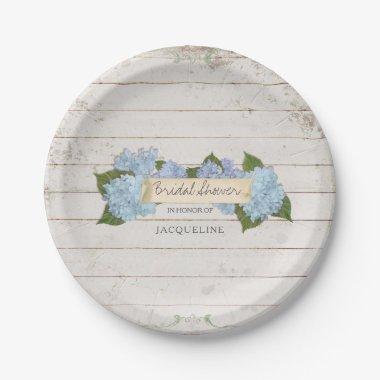 Shiplap Wood Vintage Blue Hydrangea Paper Plates