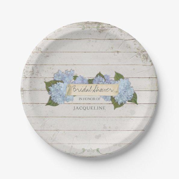 Bridal Shower Shiplap Wood Vintage Blue Hydrangea Paper Plates