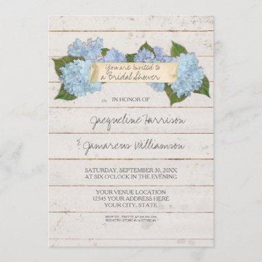 Bridal Shower Shiplap Wooden Board Blue Hydrangea Invitations