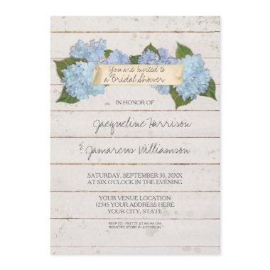 Bridal Shower Shiplap Wooden Board Blue Hydrangea Invitations