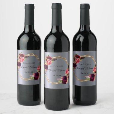 Bridal shower silver florals boho burgundy wine label
