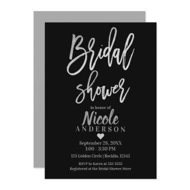 BRIDAL SHOWER Silver Foil & Black Modern Script Invitations