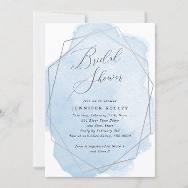 Bridal Shower Silver Geo Frame, Blue Watercolor Invitations