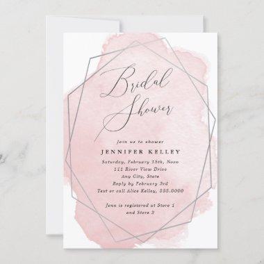 Bridal Shower Silver Geo Frame, Pink Watercolor Invitations