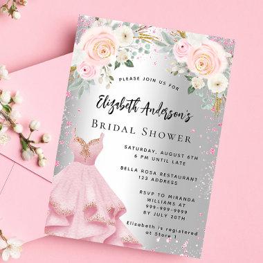 Bridal Shower silver pink dress glitter glamorous Invitation PostInvitations
