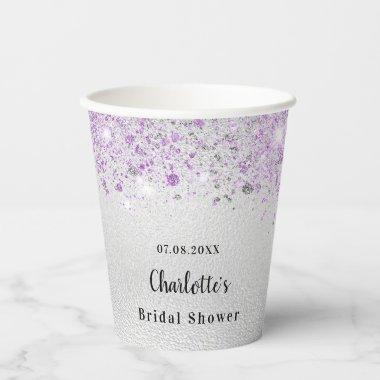 Bridal shower silver purple glitter monogram paper cups