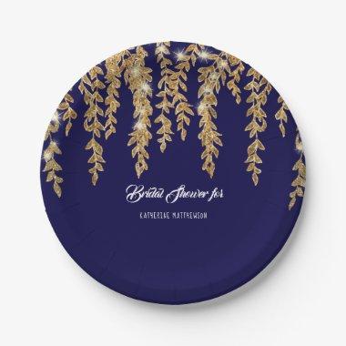 Bridal Shower Simple Navy Gold Willow Leaf Twinkle Paper Plates