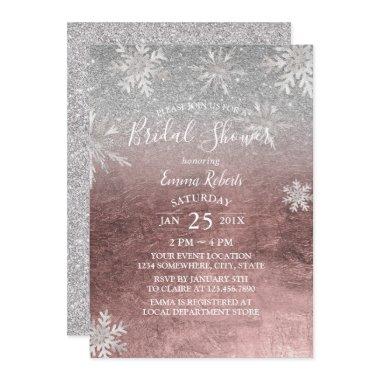 Bridal Shower Snowflakes Modern Rose Gold & Silver Invitations