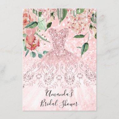 Bridal Shower Spark Rose Pink Rose Dress Glitter Invitations