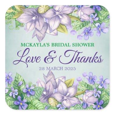 Bridal Shower Spring Wedding Watercolor Violets Square Sticker