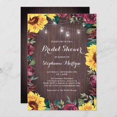 Bridal Shower Sunflower Burgundy Rose Jar Lights Invitations
